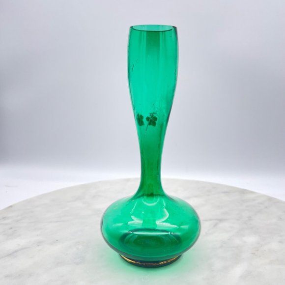 Emerald Green Bohemian Glass Bud Vase Pair Hand Blown Painted Fluted Unique Vint - Picture 14 of 14